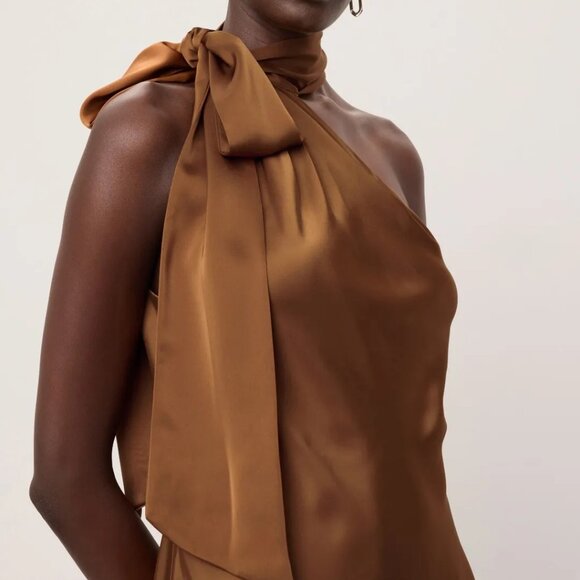 Lauren Ralph Lauren Brown Silk Tie Neck Dress Satin charmeuse brings a lustrous - Picture 4 of 11